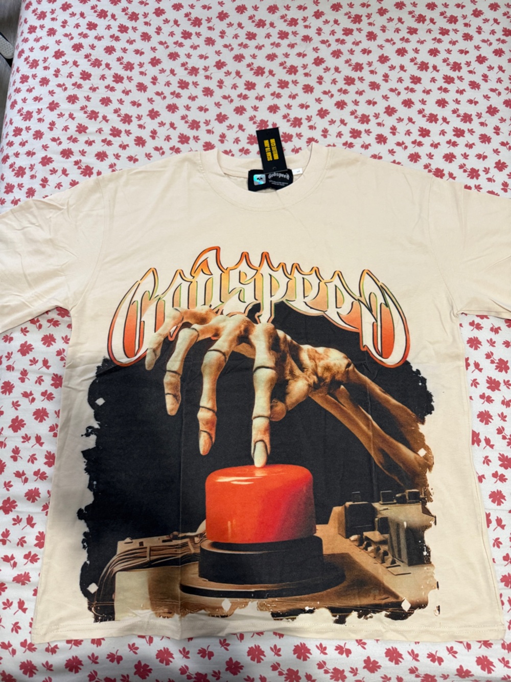 Godspeed- Cream Graphic Short Sleeve Tee with Red Button Illustration